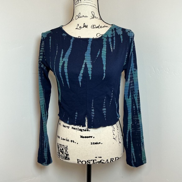Vivid Artsy Tops - Vivid Artsy Navy Blue Teal Tie Dye Ribbed Long Sleeve Crop Top Large